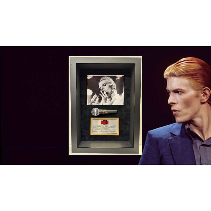 David Bowie signed microphone with proof and Museum quality custom shadow box