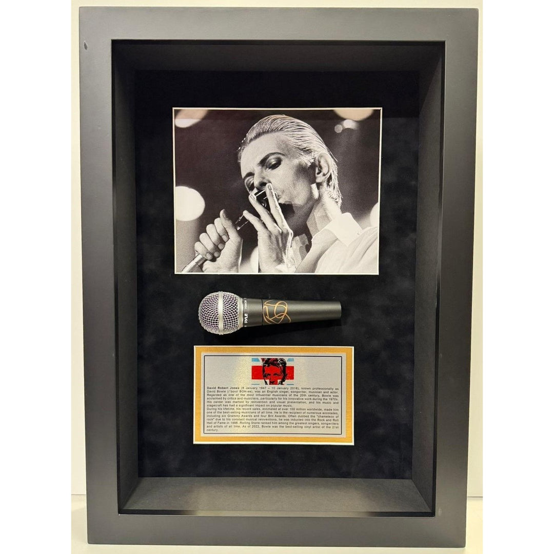 David Bowie signed microphone with proof and Museum quality custom shadow box