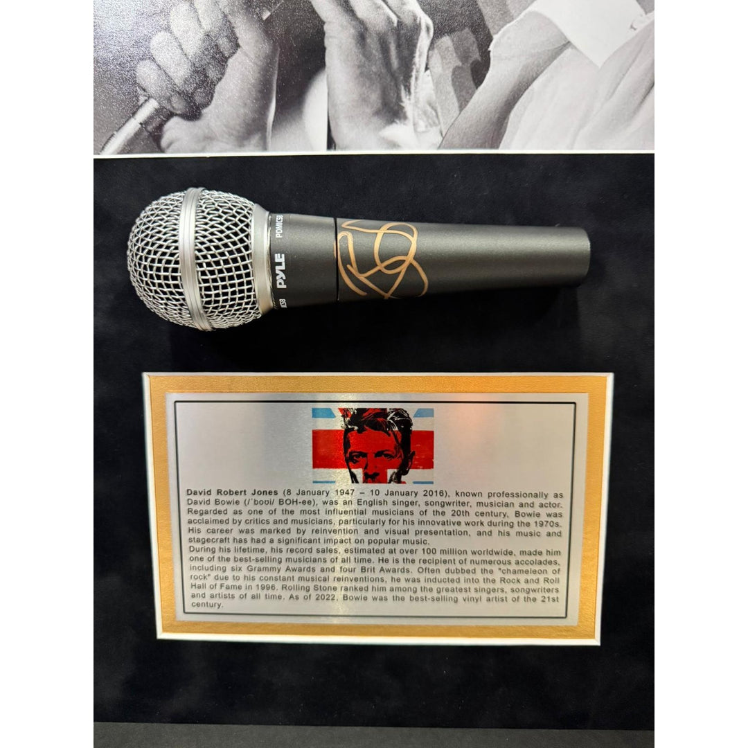 David Bowie signed microphone with proof and Museum quality custom shadow box