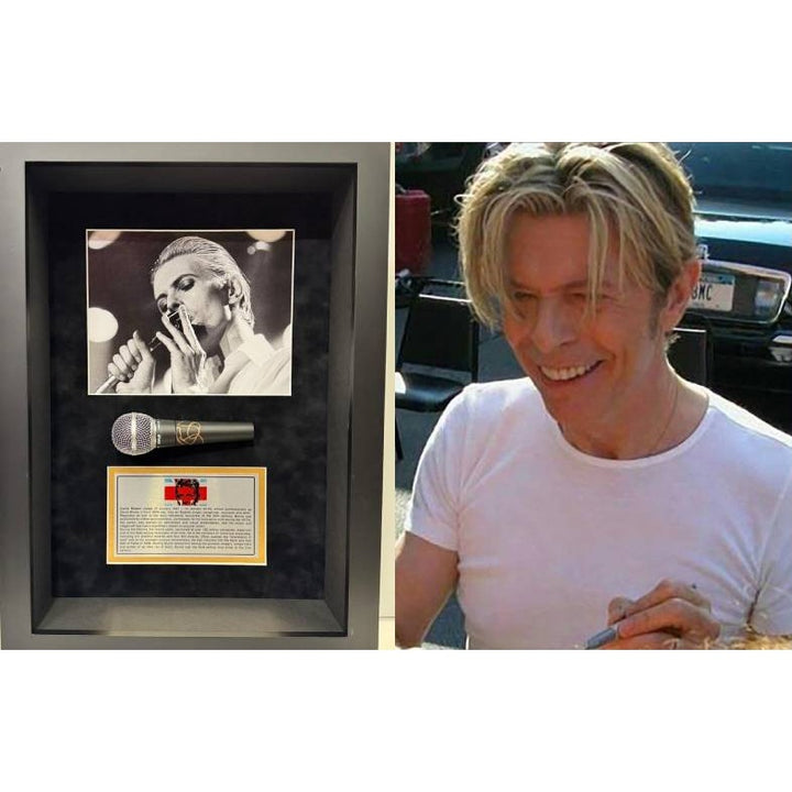 David Bowie signed microphone with proof and Museum quality custom shadow box