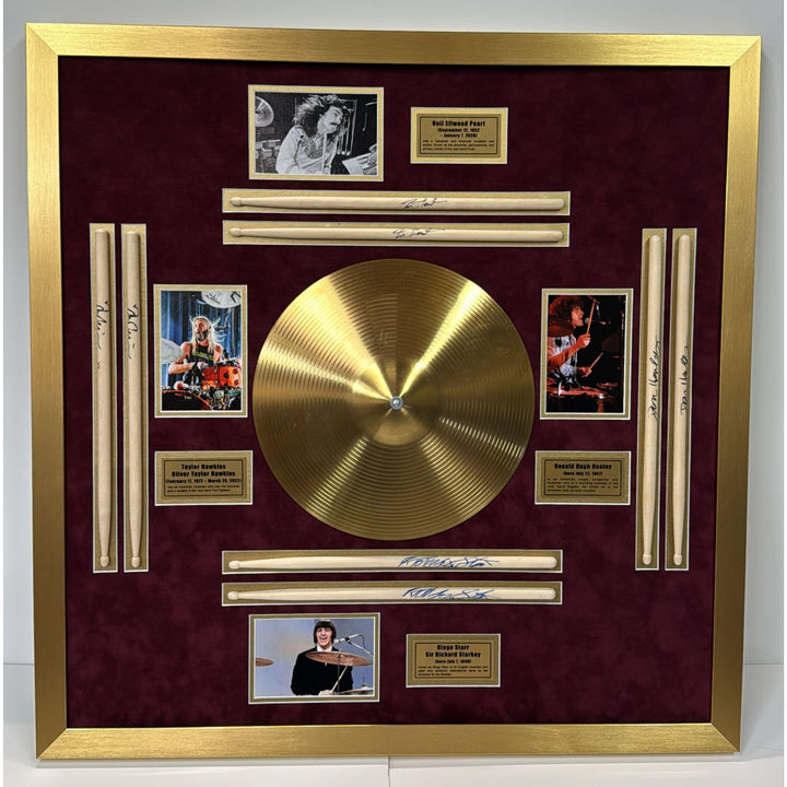 Ringo Starr The Beatles Neil Peart Rush Taylor Hawkins Foo Fighters Don Henley Eagles drumsticks signed with proof & museum quality frame
