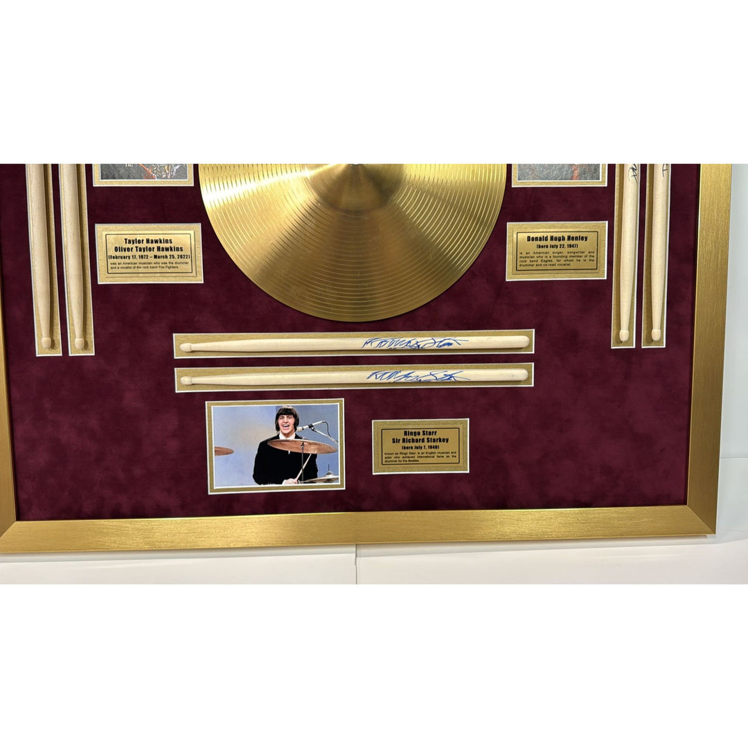 Ringo Starr The Beatles Neil Peart Rush Taylor Hawkins Foo Fighters Don Henley Eagles drumsticks signed with proof & museum quality frame