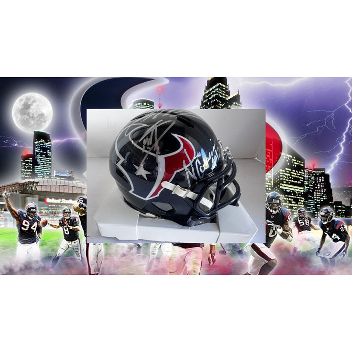 Houston Texans C.J. Stroud , Stephon Diggs, Joe Mixon Nico Collins Riddell football mini helmet signed