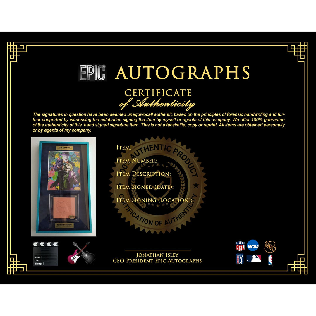 Jack Nicholson The Joker 8x10 photo signed with Heath Ledger cut signature signed and framed 15x24'' with proof. - Awesome Artifacts