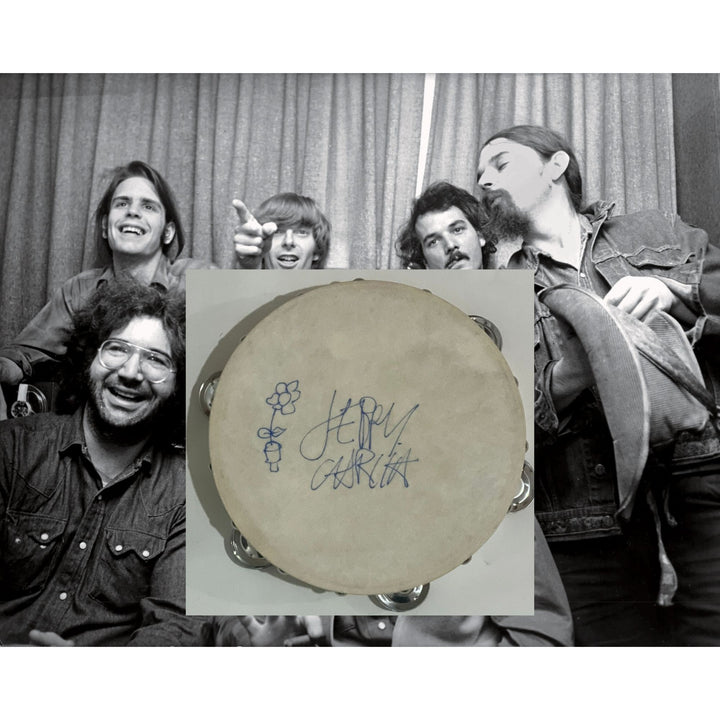 Jerry Garcia Grateful Dead Co-Founder with sketch   Tambourine 10" signed with proof.