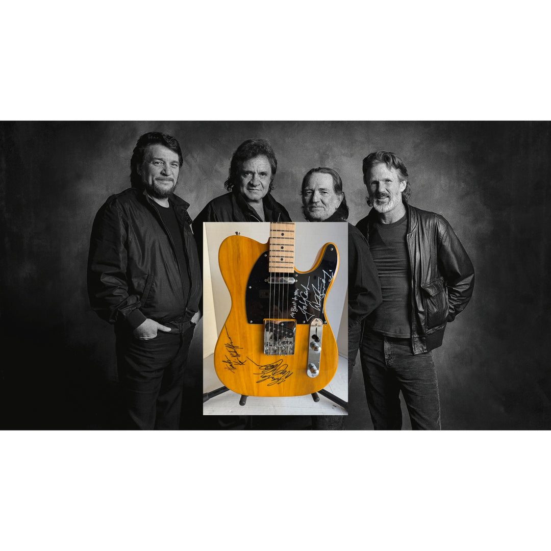 The Highwaymen Johnny Cash Kris Kristofferson Willie Nelson Waylon Jennings full Telecaster electric guitar signed with proof.
