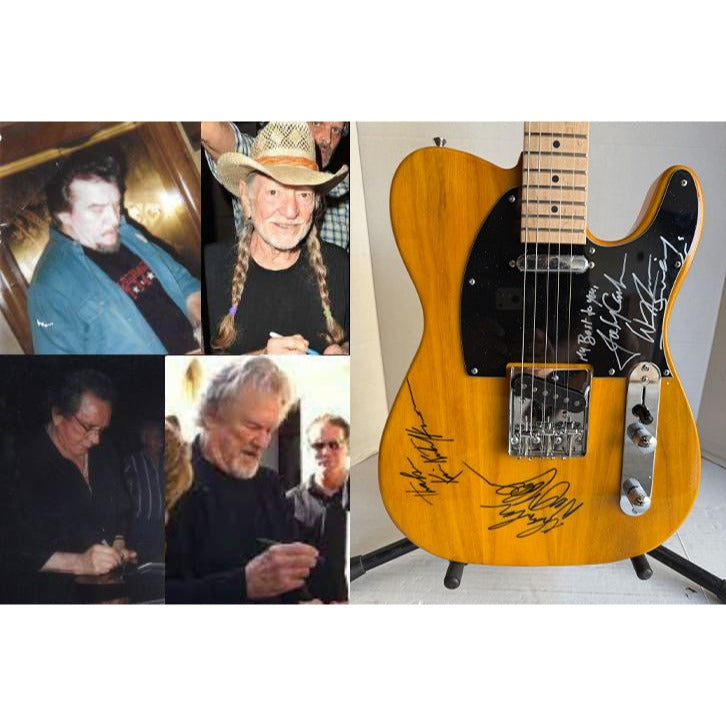 The Highwaymen Johnny Cash Kris Kristofferson Willie Nelson Waylon Jennings full Telecaster electric guitar signed with proof.