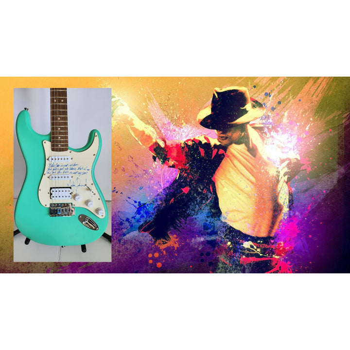 MJ - Michael Jackson incredible piece signed with lyrics to "BIlly Jean" on a Fender Stratocaster electric guitar signed with proof