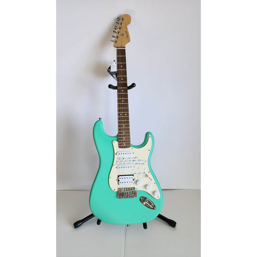 MJ - Michael Jackson incredible piece signed with lyrics to "BIlly Jean" on a Fender Stratocaster electric guitar signed with proof