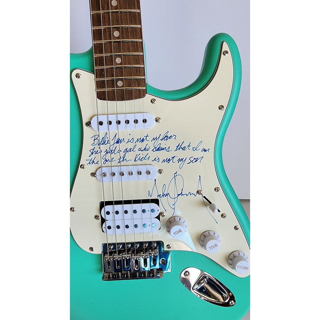MJ - Michael Jackson incredible piece signed with lyrics to "BIlly Jean" on a Fender Stratocaster electric guitar signed with proof