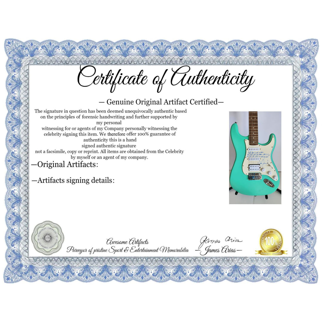 MJ - Michael Jackson incredible piece signed with lyrics to "BIlly Jean" on a Fender Stratocaster electric guitar signed with proof