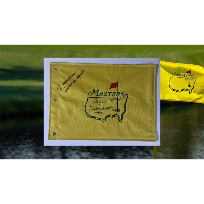 Jack Nicklaus and Jim Nantz Masters golf pin flag embroidered signed and inscribed "A Tradition Unlike Any Other" with proof