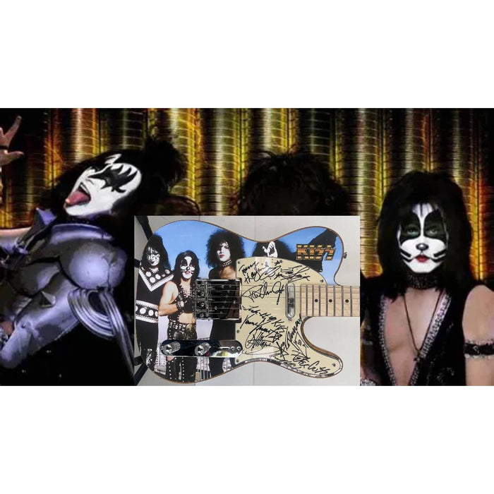 Kiss Gene Simmons, Ace Freehly, Peter Criss, Tommy Thayer, Eric Singer  with hand made sketch one of a kind full size electric guitar signed