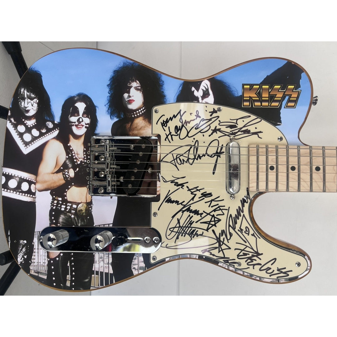 Kiss Gene Simmons, Ace Freehly, Peter Criss, Tommy Thayer, Eric Singer  with hand made sketch one of a kind full size electric guitar signed.