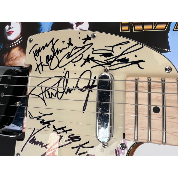 Kiss Gene Simmons, Ace Freehly, Peter Criss, Tommy Thayer, Eric Singer  with hand made sketch one of a kind full size electric guitar signed.