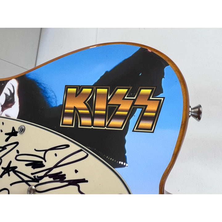 Kiss Gene Simmons, Ace Freehly, Peter Criss, Tommy Thayer, Eric Singer  with hand made sketch one of a kind full size electric guitar signed.