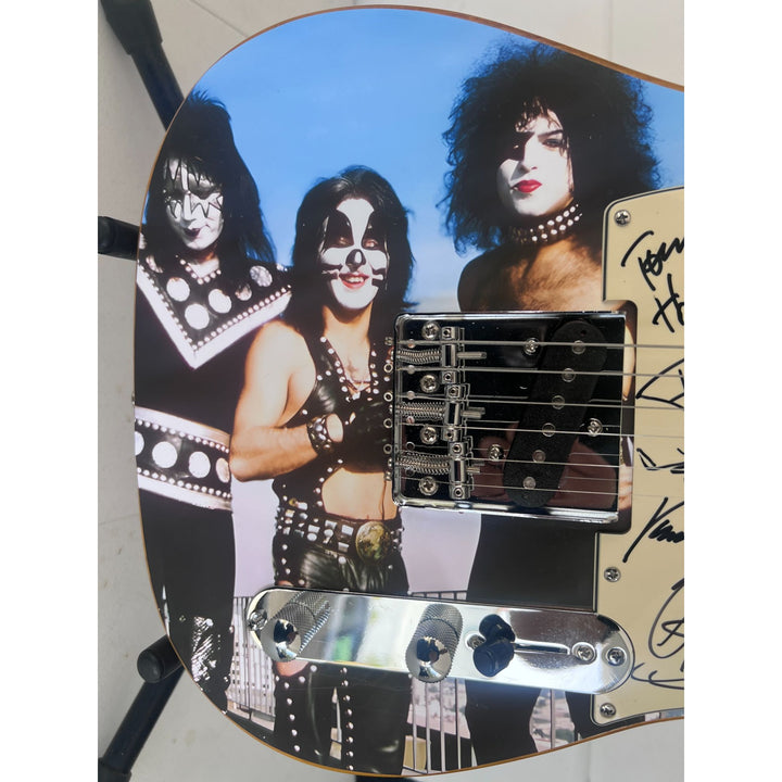 Kiss Gene Simmons, Ace Freehly, Peter Criss, Tommy Thayer, Eric Singer  with hand made sketch one of a kind full size electric guitar signed.
