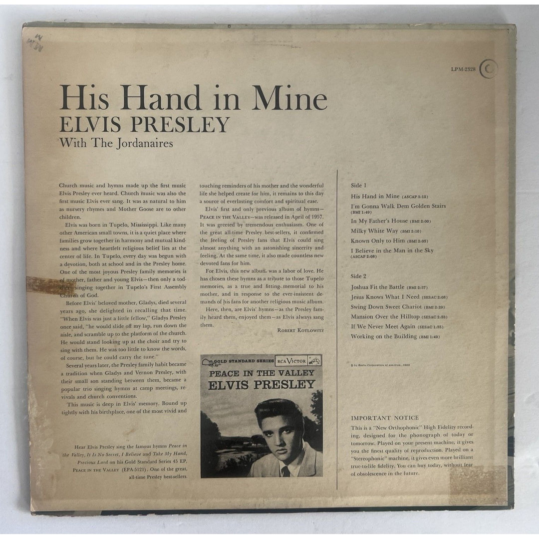 Elvis Presley "His Hand in Mine" original LP signed