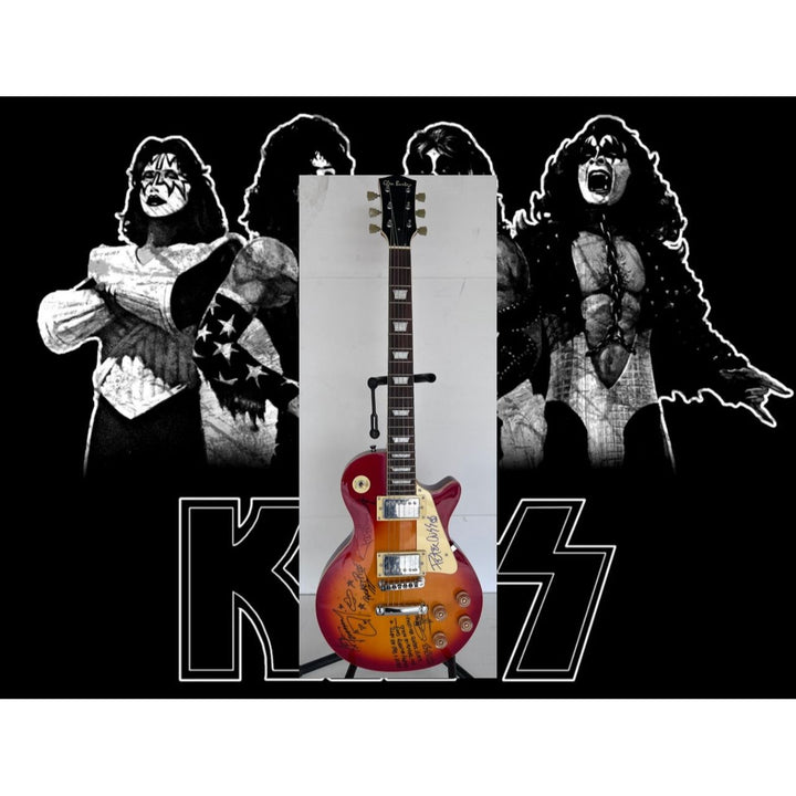 Kiss vintage les paul Gene Simmons Paul Stanley Ace Freehly and Peter Criss signed with proof and inscriptions.