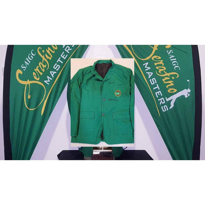 Masters Green jacket exactly as presented at Augusta National annually to the winner signed by Arnold Palmer Tiger Woods & Jack Nicklaus