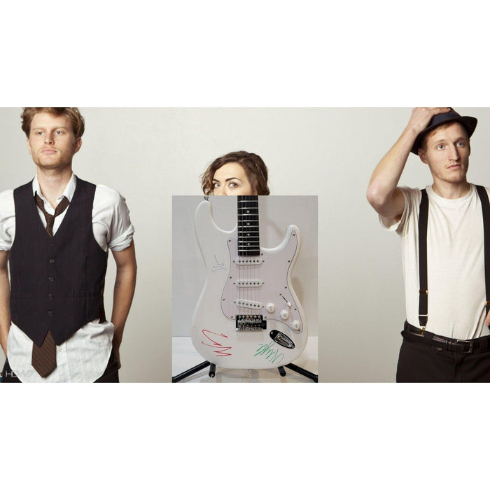 The Lumineers Neyla Perkarek, Jeremiah Fraites, Wesley Schultz Stratocaster electric guitar signed with proof