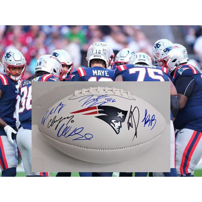 Drake Maye 2025 New England Patriots stars Kayshon Boutte, Hunter Henry, Stefon Diggs, Christian Gonzalez and coach Mike Vrabel