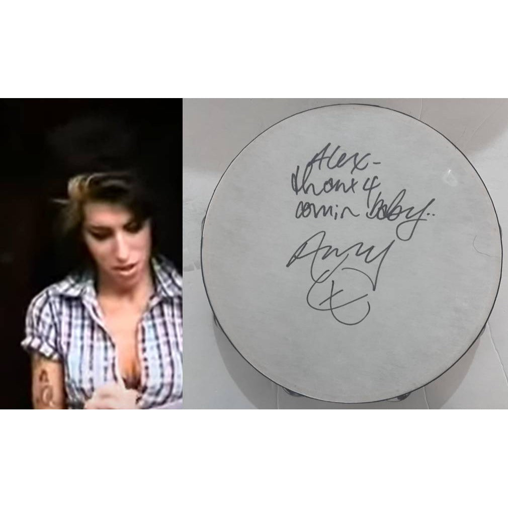 Amy Winehouse 10' tambourine signed with inscription and proof