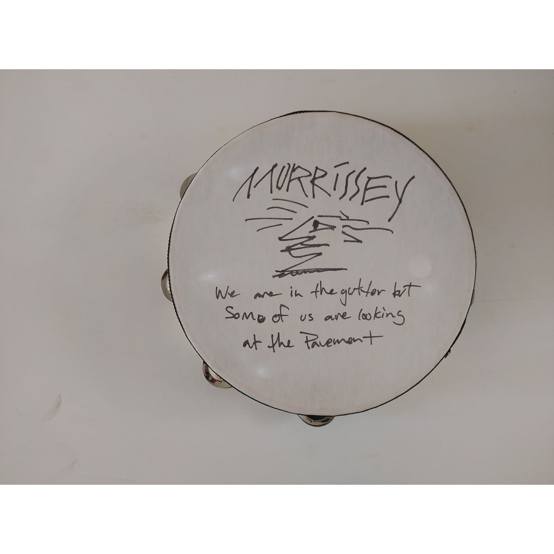 Patrick Morrissey lead singer of The Smiths signed with Sketch and inscription 14-in tambourine with proof