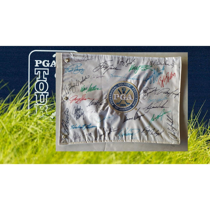 PGA Championship embroidered pin flag signed by 34 PGA Championship winners Jack Nicklaus Tiger Woods Payne Stewart