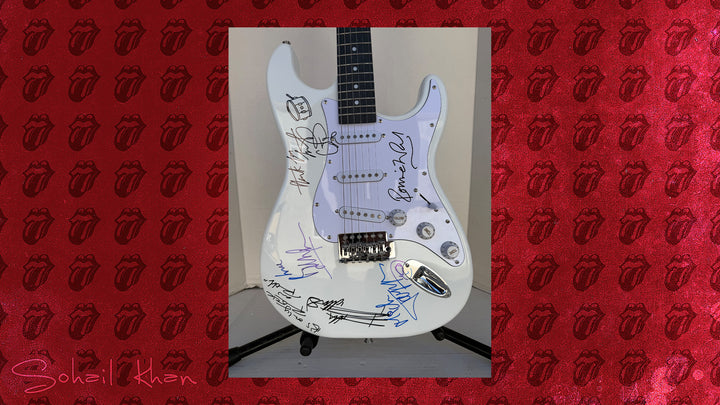 Bill Wyman Keith Richards Charlie Watts Ronnie Wood Mick Jagger full-size stratocaster electric guitar sign with proof
