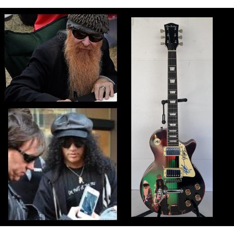 Guns N Roses Slash and Billy Gibbons ZZ Top  one of a kind les paul (full size) electric guitar signed with proof.