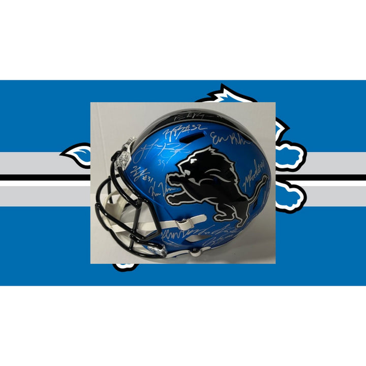 Detroit Lions 2024 Jared Goff San Brown  Aidan Hutchinson 40 members signed Deluxe full size helmet with proof