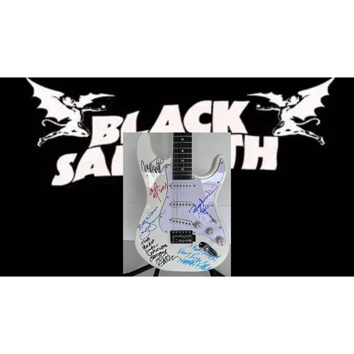 Ronnie James Dio Ozzy Osbourne Tony Iommi Bill Ward Geezer Butler Black Sabbath electric guitar signed with proof.
