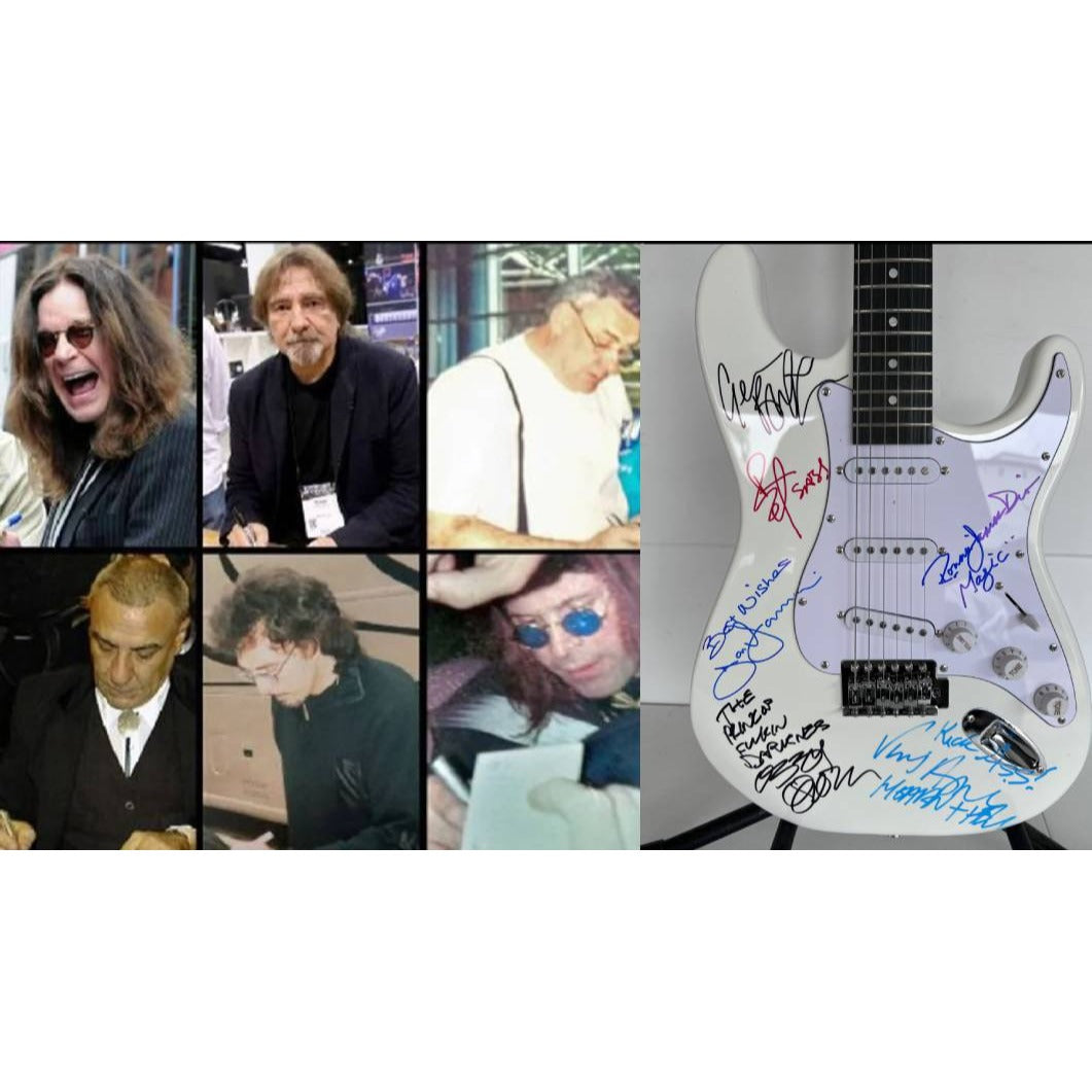 Ronnie James Dio Ozzy Osbourne Tony Iommi Bill Ward Geezer Butler Black Sabbath electric guitar signed with proof.