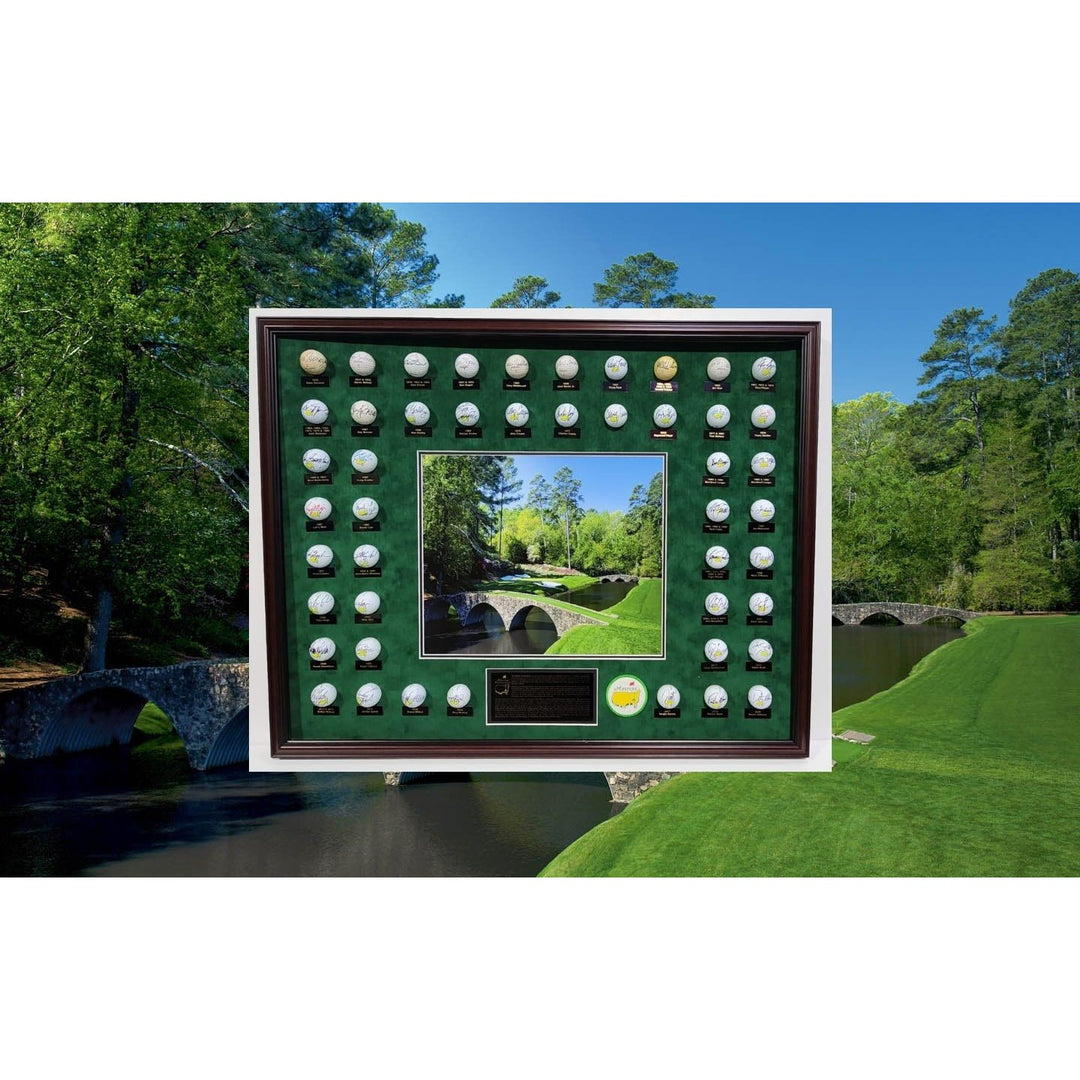 Masters Champions golf balls 45 in all Tiger Woods, Jack Nicklaus, Rory Mcllroy, Ben Hogan, Arnold Palmer 40+ framed and signed with proof