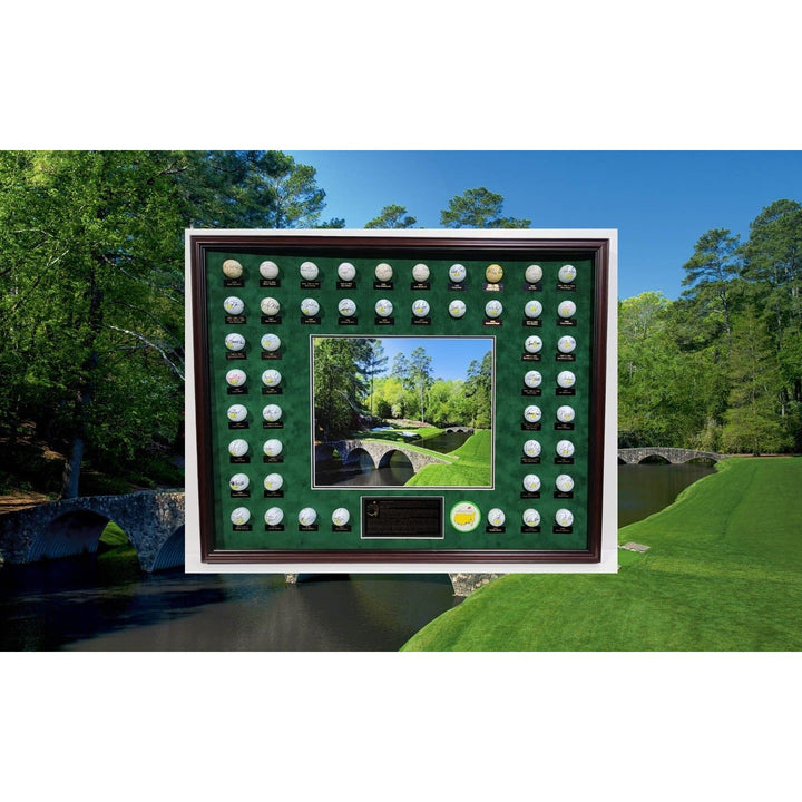 Masters Champions golf balls 45 in all Tiger Woods, Jack Nicklaus, Rory Mcllroy, Ben Hogan, Arnold Palmer 40+ framed and signed with proof