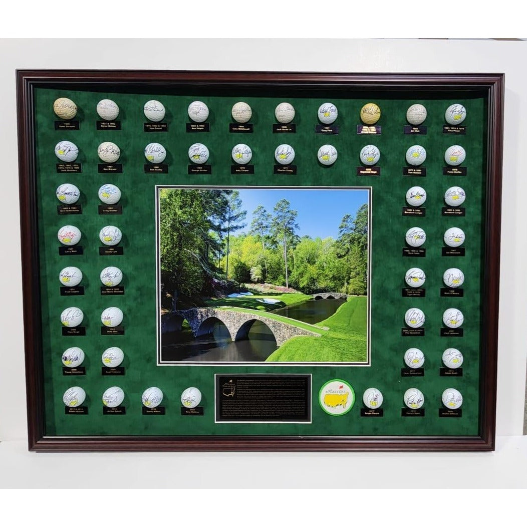 Masters Champions golf balls 45 in all Tiger Woods, Jack Nicklaus, Rory Mcllroy, Ben Hogan, Arnold Palmer 40+ framed and signed with proof