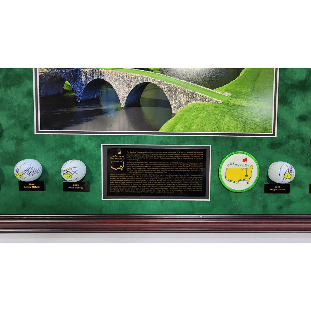 Masters Champions golf balls 45 in all Tiger Woods, Jack Nicklaus, Rory Mcllroy, Ben Hogan, Arnold Palmer 40+ framed and signed with proof
