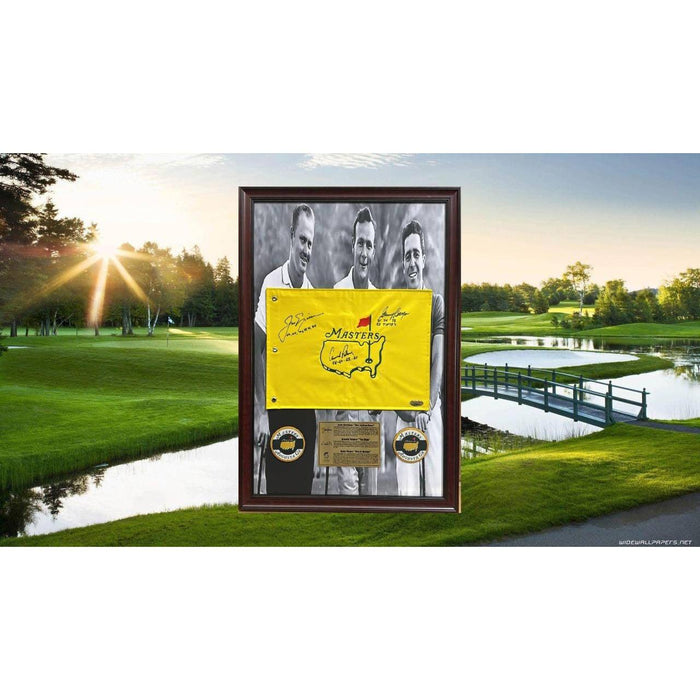 Arnold Palmer Jack Nicklaus Gary Player Golf legends Masters Golf. Flag signed with proof & museum quality frame