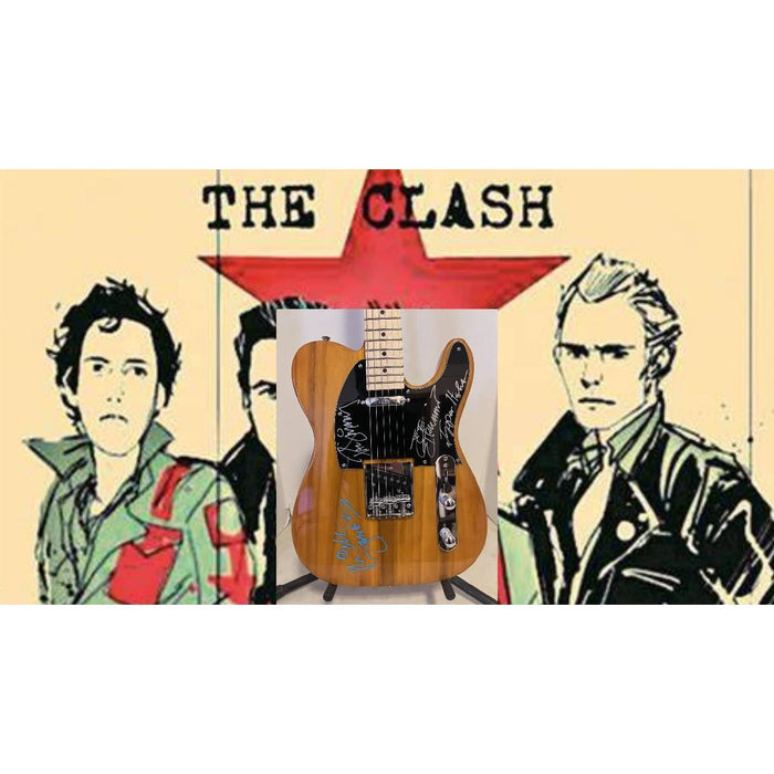 The Clash Joe Strummer Mick Jones Paul Simonon Topper Headon wood grain telecaster electric guitar signed with proof