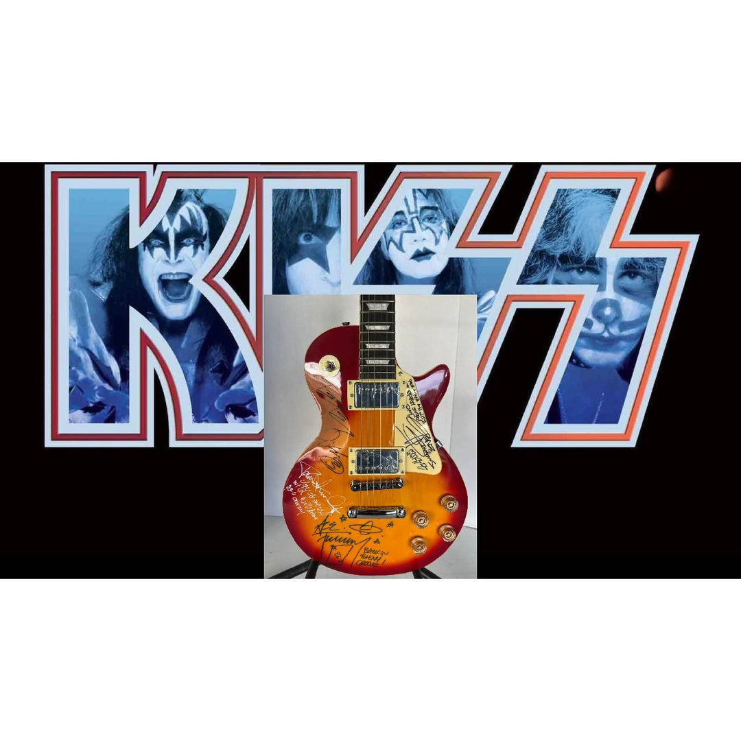 Kiss vintage les paul Gene Simmons Paul Stanley Ace Freehly and Peter Criss signed with proof and inscriptions.