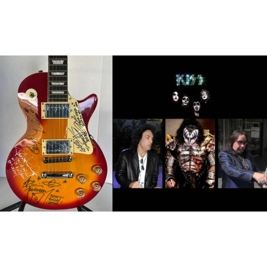 Kiss vintage les paul Gene Simmons Paul Stanley Ace Freehly and Peter Criss signed with proof and inscriptions.