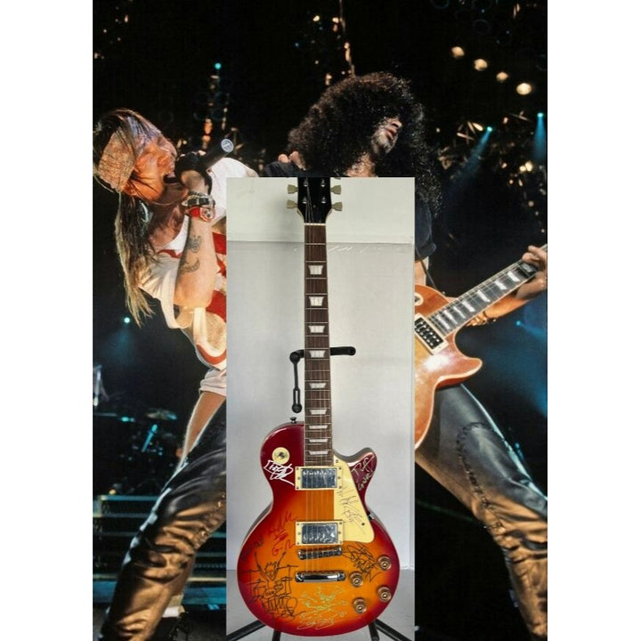 Guns N Roses Axl Rose, Matt Sorum w/ sketch, Slash w/ sketch, Izzy Stradlin, Duff McKagan, Steve Adler cherry les paul electric guitar