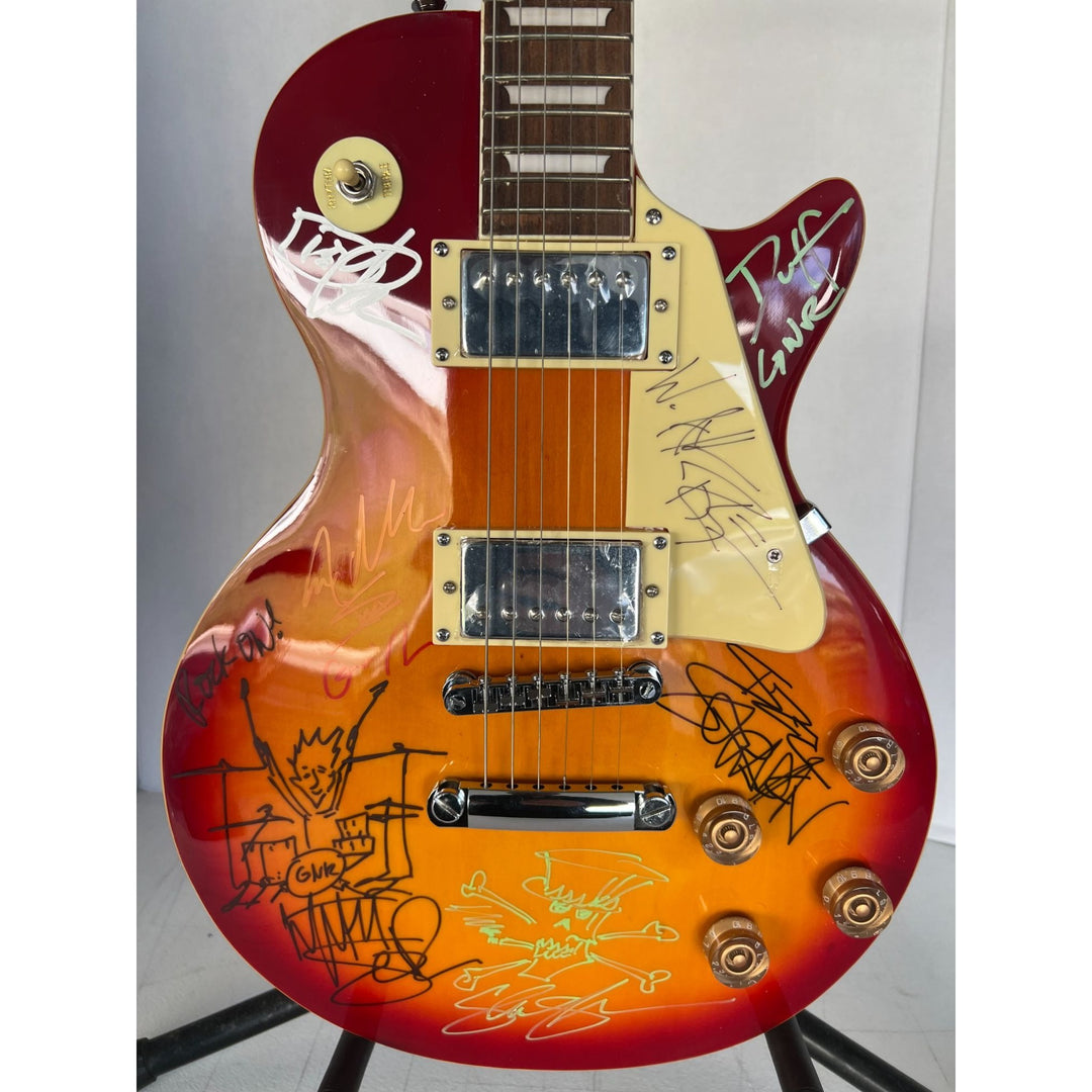 Guns N Roses Axl Rose, Matt Sorum w/ sketch, Slash w/ sketch, Izzy Stradlin, Duff McKagan, Steve Adler cherry les paul electric guitar