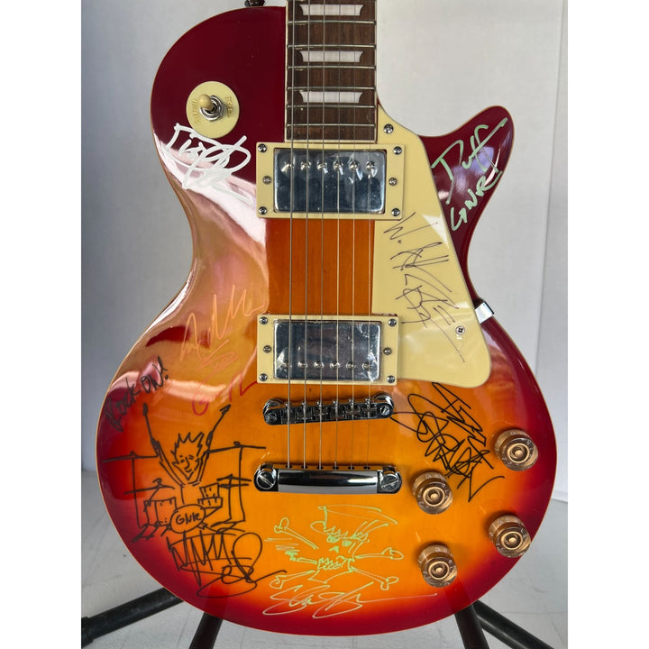 Guns N Roses Axl Rose, Matt Sorum w/ sketch, Slash w/ sketch, Izzy Stradlin, Duff McKagan, Steve Adler cherry les paul electric guitar