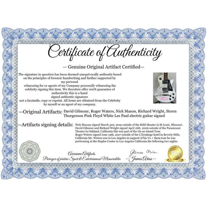 David Gilmour, Roger Waters, Nick Mason, Richard Wright, Storm Thorgerson Pink Floyd White Les Paul electric guitar signed