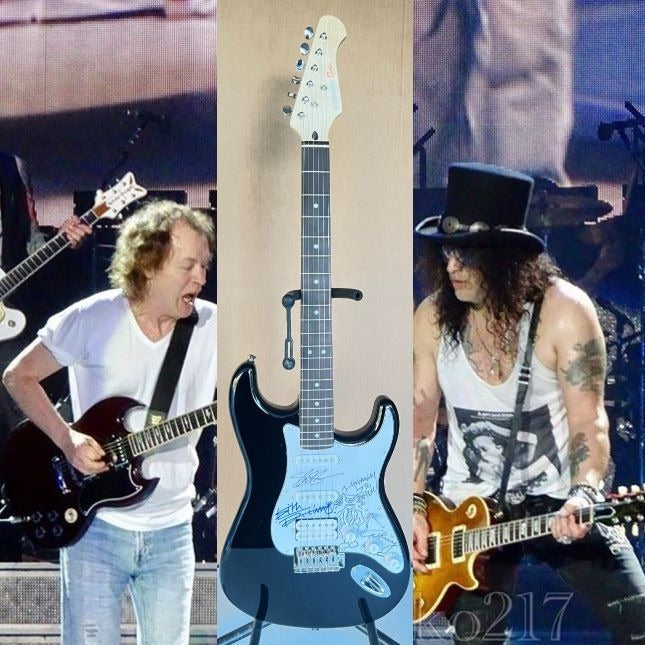 "Slash" Saul Hudson, Keith Richards & Angus Young with sketch  full size Stratocaster electric guitar signed with proof