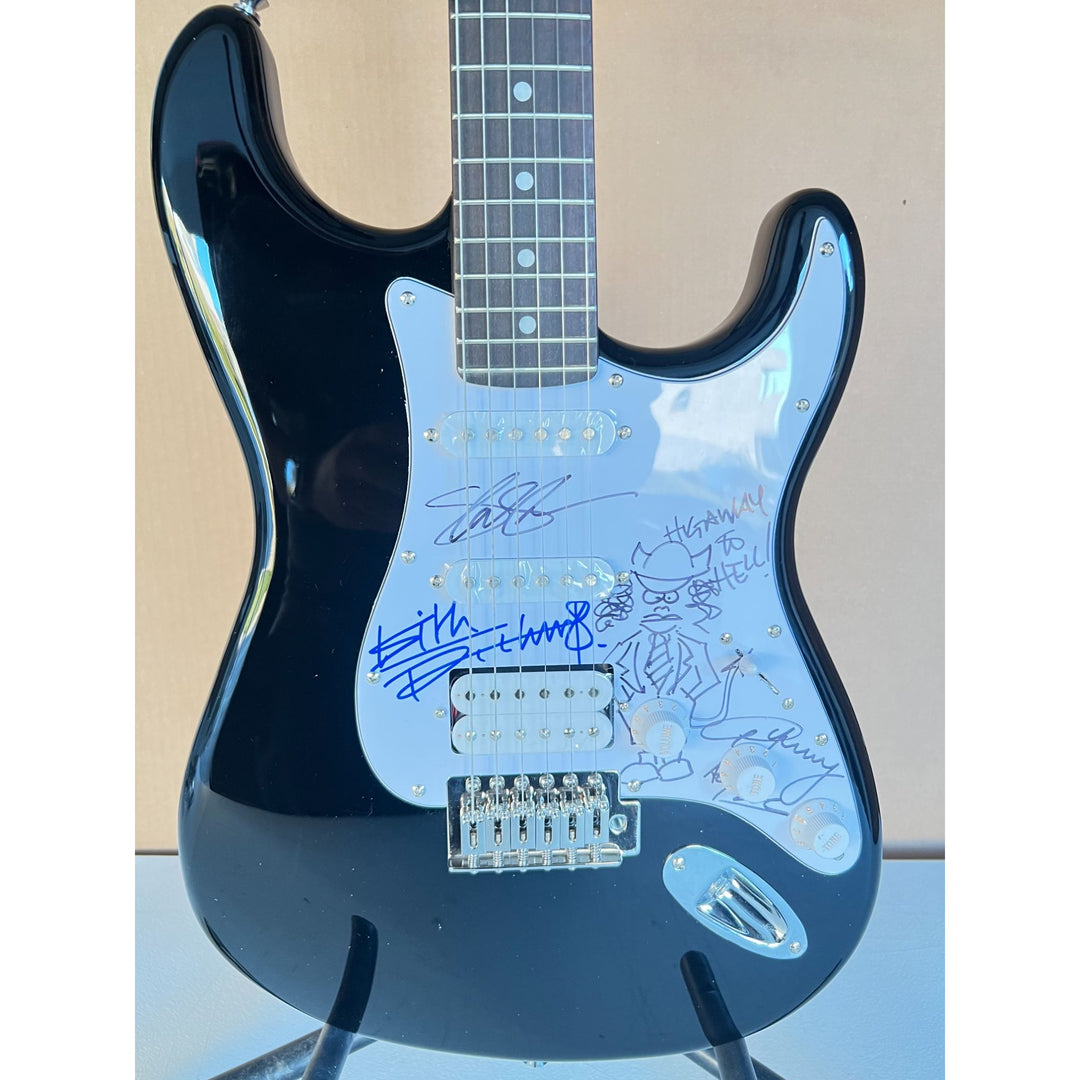 "Slash" Saul Hudson, Keith Richards & Angus Young with sketch  full size Stratocaster electric guitar signed with proof