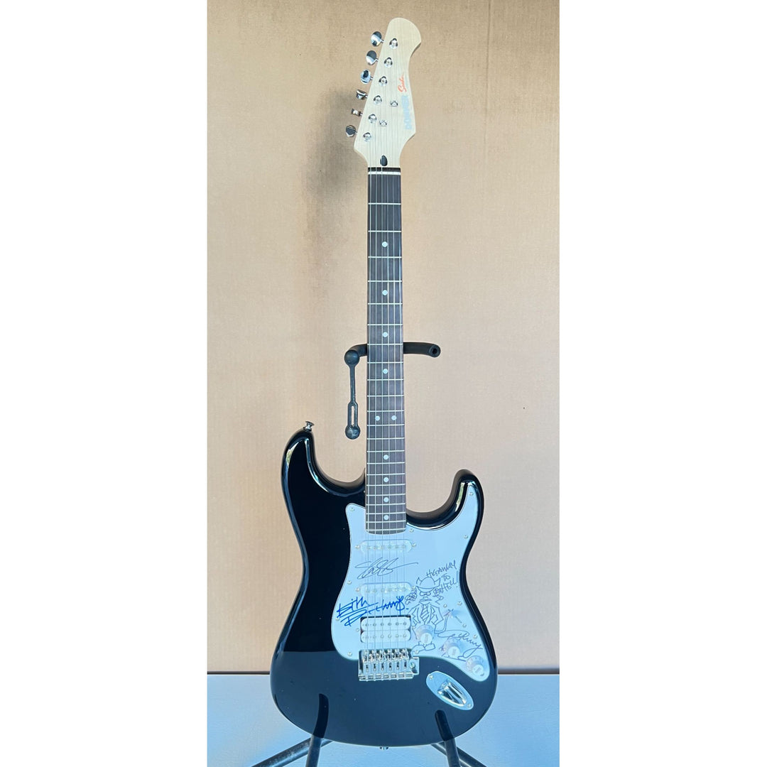 "Slash" Saul Hudson, Keith Richards & Angus Young with sketch  full size Stratocaster electric guitar signed with proof