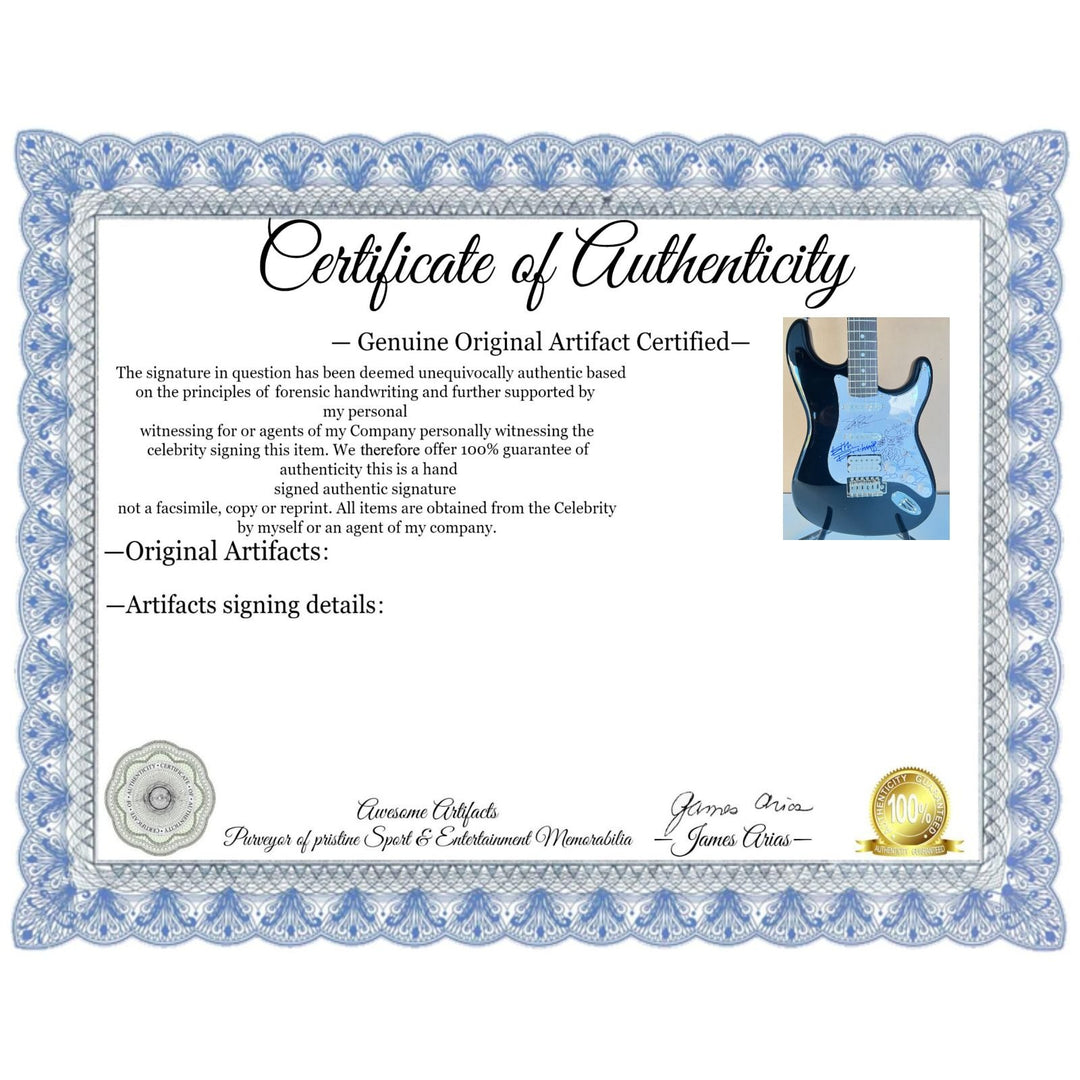 "Slash" Saul Hudson, Keith Richards & Angus Young with sketch  full size Stratocaster electric guitar signed with proof